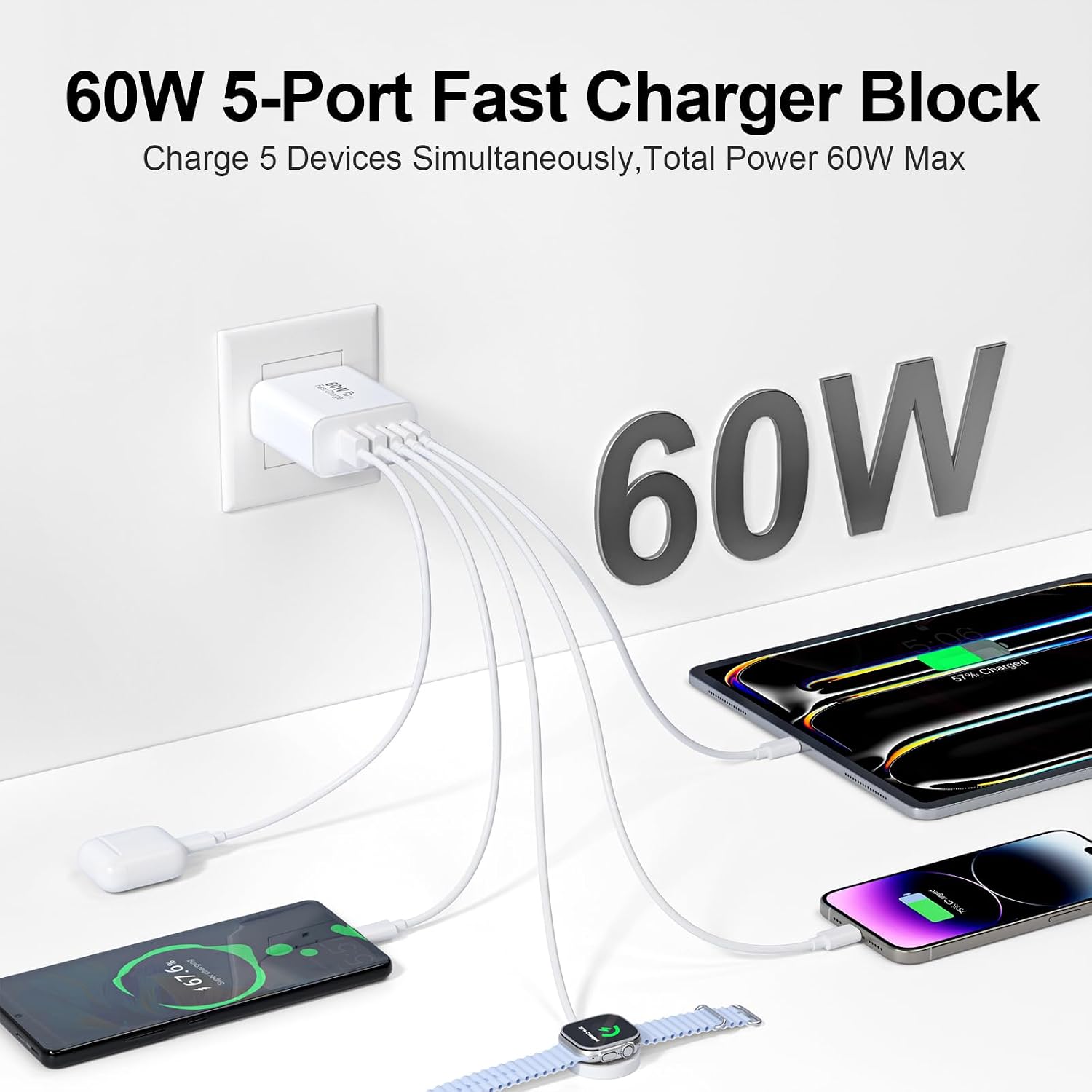 USB C Charger Block, 60W 5-Port Type C Charger Fast Charging Blocks - Image 2